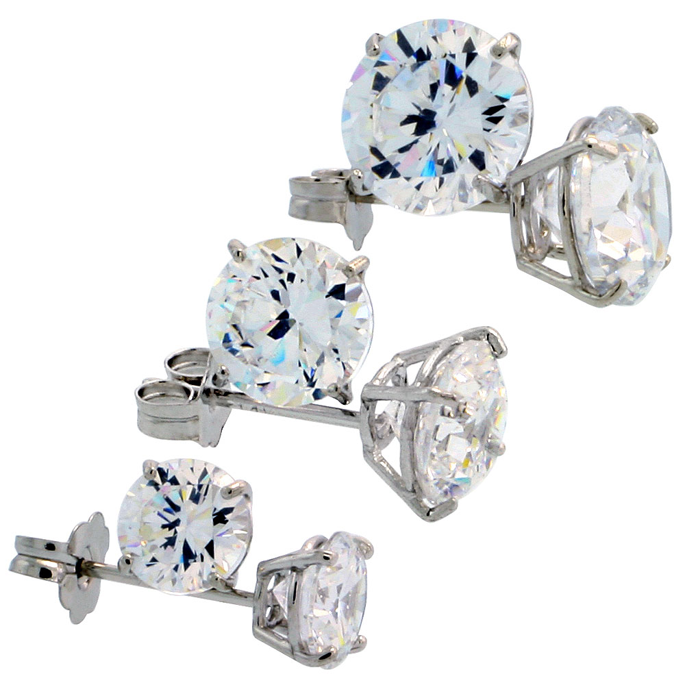 3 Pair Set 14k White Gold CZ Earrings Studs 5,6 & 7 mm Brilliant cut Basket Setting