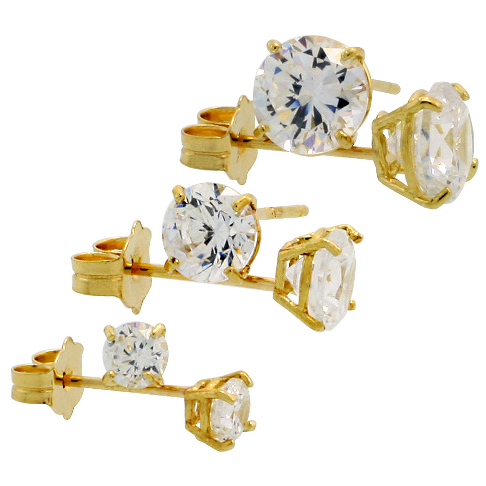 3 Pair Set 14k Gold Cubic Zirconia Earrings Studs 3, 4 & 5 mm Brilliant Cut Basket Setting