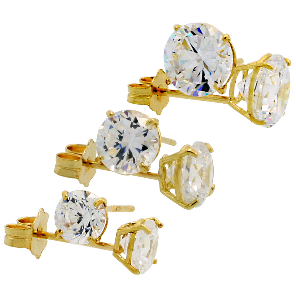 3 Pair Set 14k Gold Cubic Zirconia Earrings Studs 4, 5 & 6 mm Brilliant Cut Basket Setting