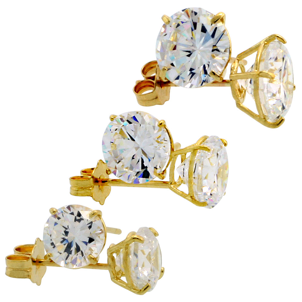 3 Pair Set 14k Gold Cubic Zirconia Earrings Studs 5,6 & 7 mm Brilliant Cut Basket Setting