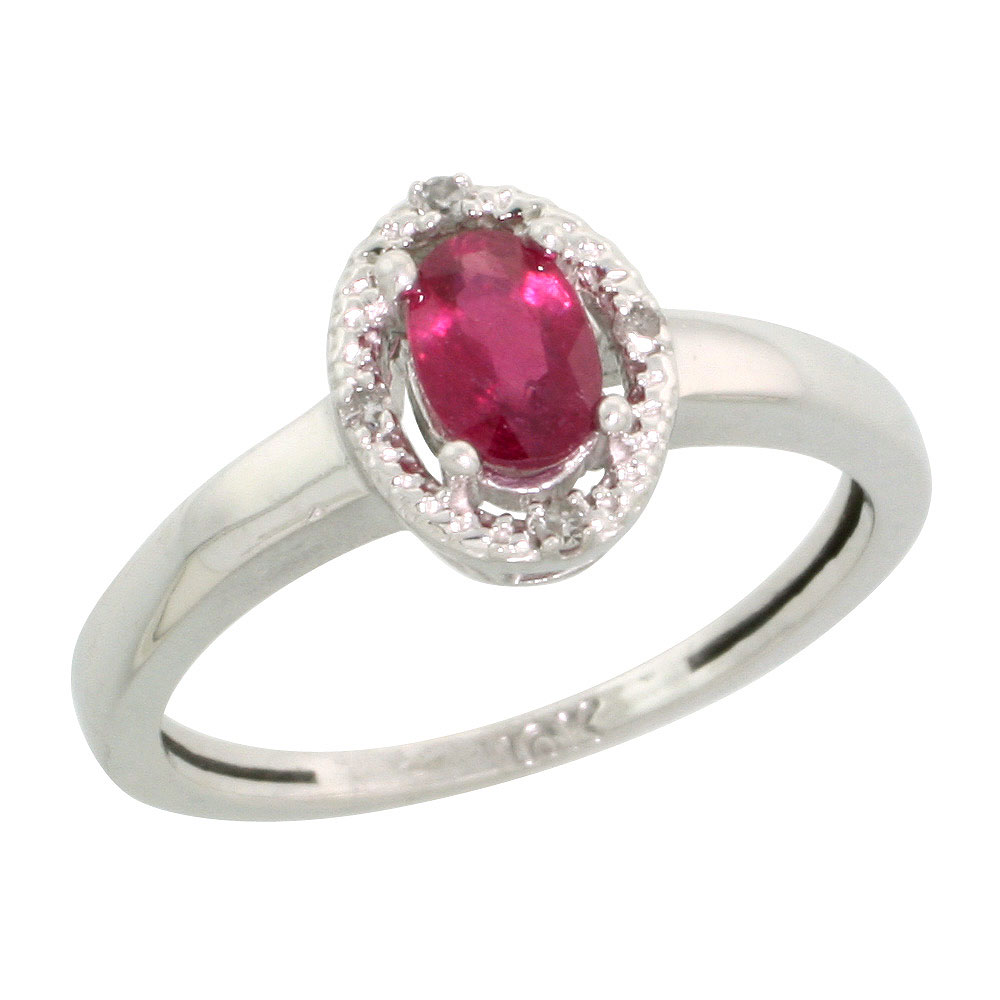 10k White Gold Oval Stone Ring w/ 0.04 Carat Brilliant Cut Diamonds & 0.58 Carat Oval Cut (6x4mm) Enhanced Ruby