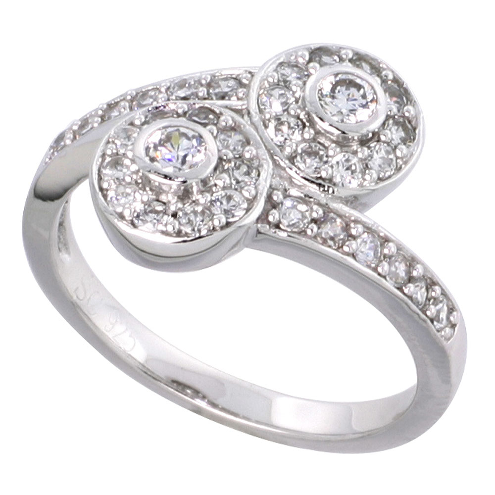 Sterling Silver Vintage Style Cubic Zirconia Double Halo Engagement Ring 1/2 inch wide, sizes 6-9