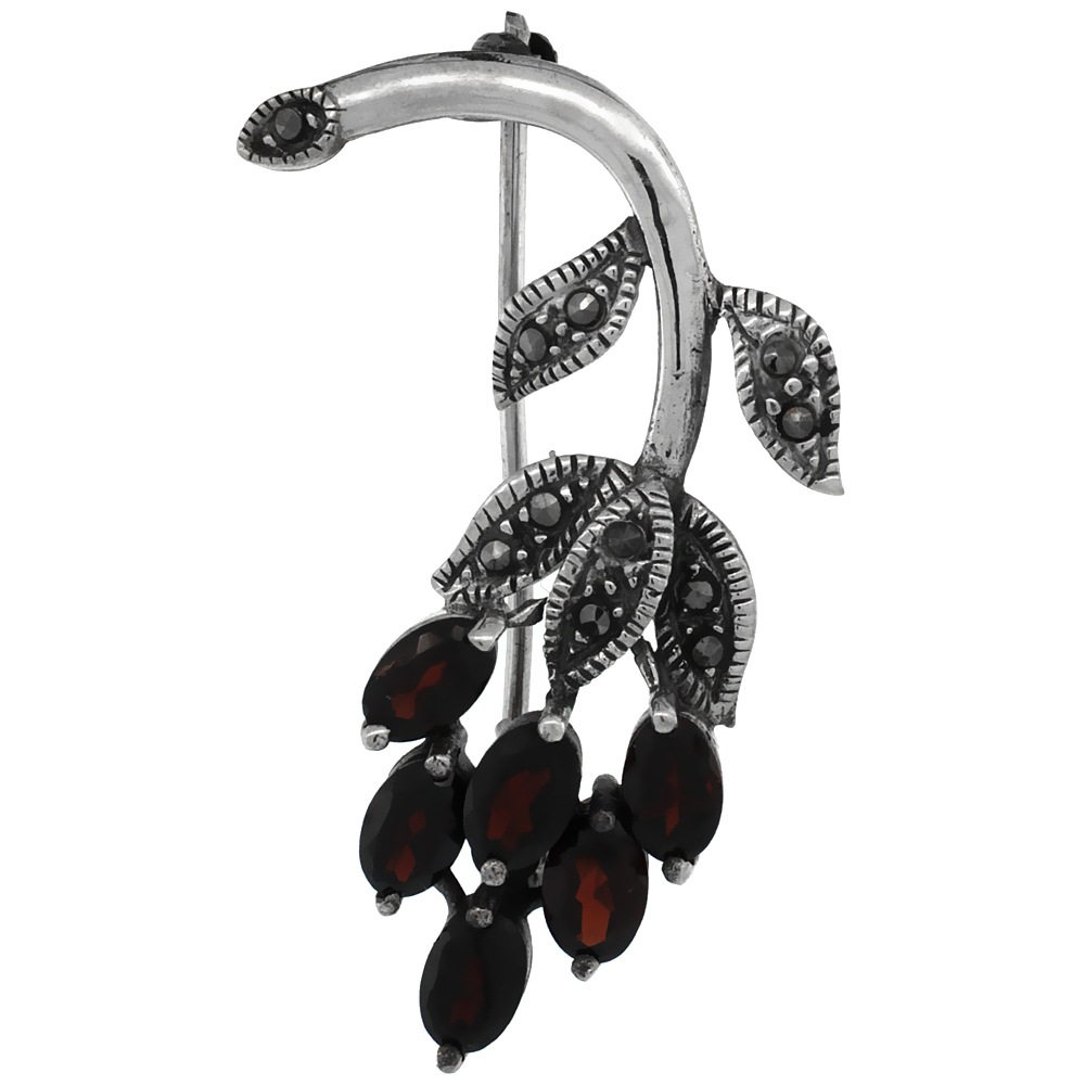 Sterling Silver Marcasite Leaf Vine Brooch Pin w/ Oval Cut Garnet Stones, 1 1/2 inch (40 mm) tall