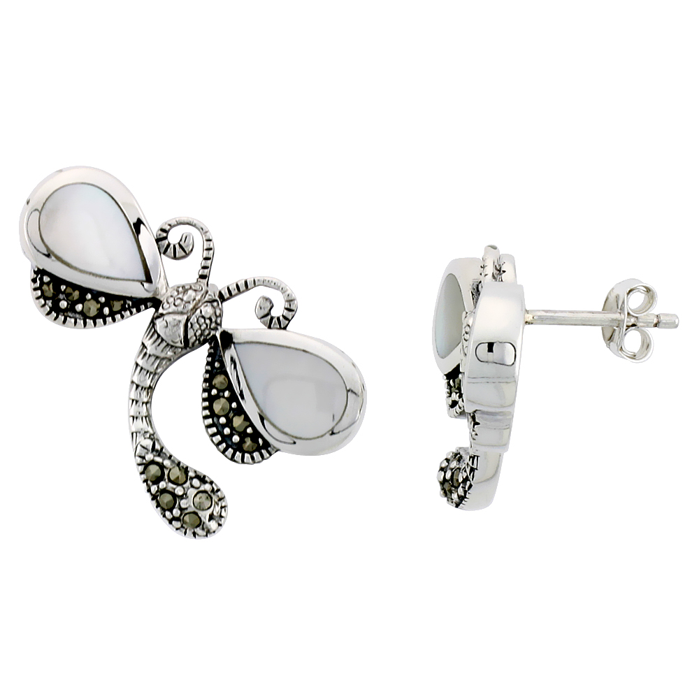 Marcasite Dragonfly Earrings in Sterling Silver, w/ Pear-shaped Mother of Pearl, 1 1/16" (27 mm) wide