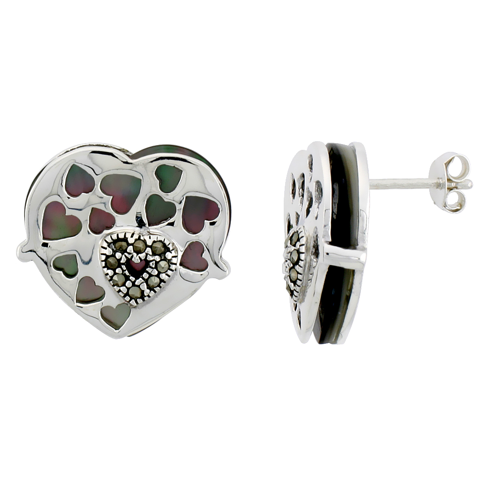 Marcasite Heart Earrings in Sterling Silver, w/ Mother of Pearl, 11/16" (18 mm) tall
