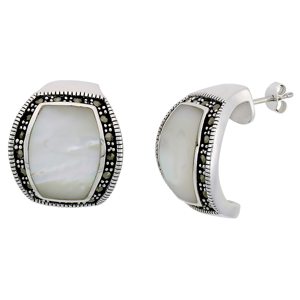 Marcasite Earrings in Sterling Silver, w/ Mother of Pearl, 7/8" (22 mm) tall