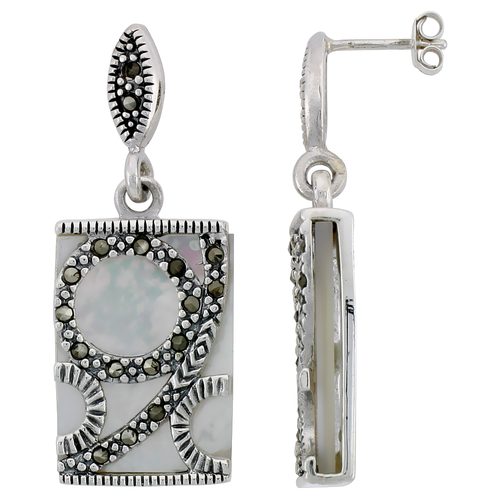 Marcasite Rectangular Earrings in Sterling Silver, w/ Mother of Pearl, 1 9/16" (40 mm) tall