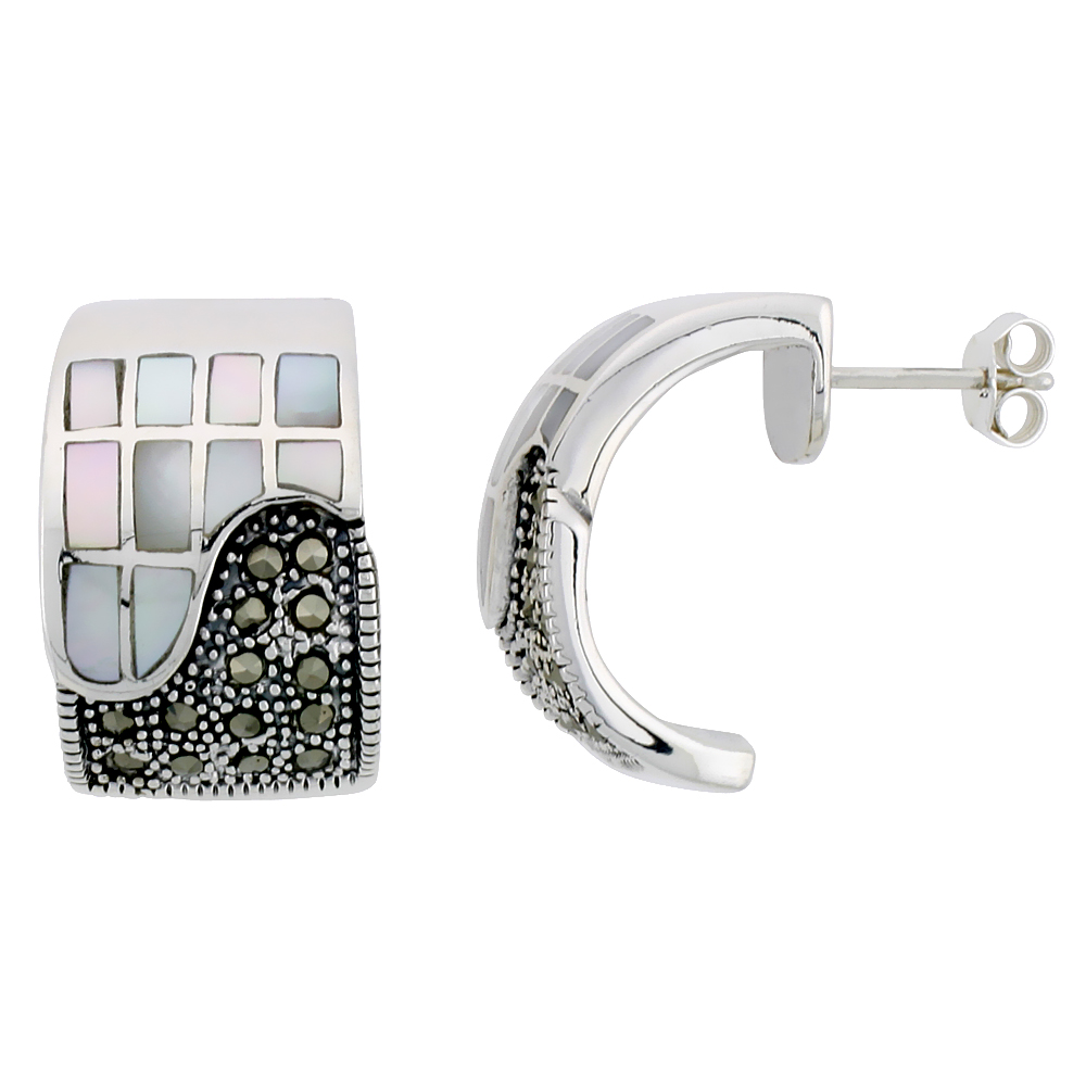 Marcasite Rectangular Earrings in Sterling Silver, w/ Mother of Pearl, 13/16" (21 mm) tall