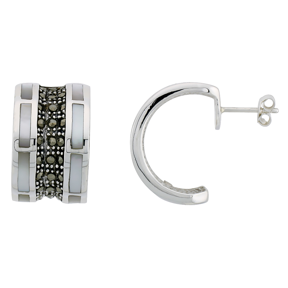Marcasite Rectangular Earrings in Sterling Silver, w/ Mother of Pearl, 13/16" (21 mm) tall