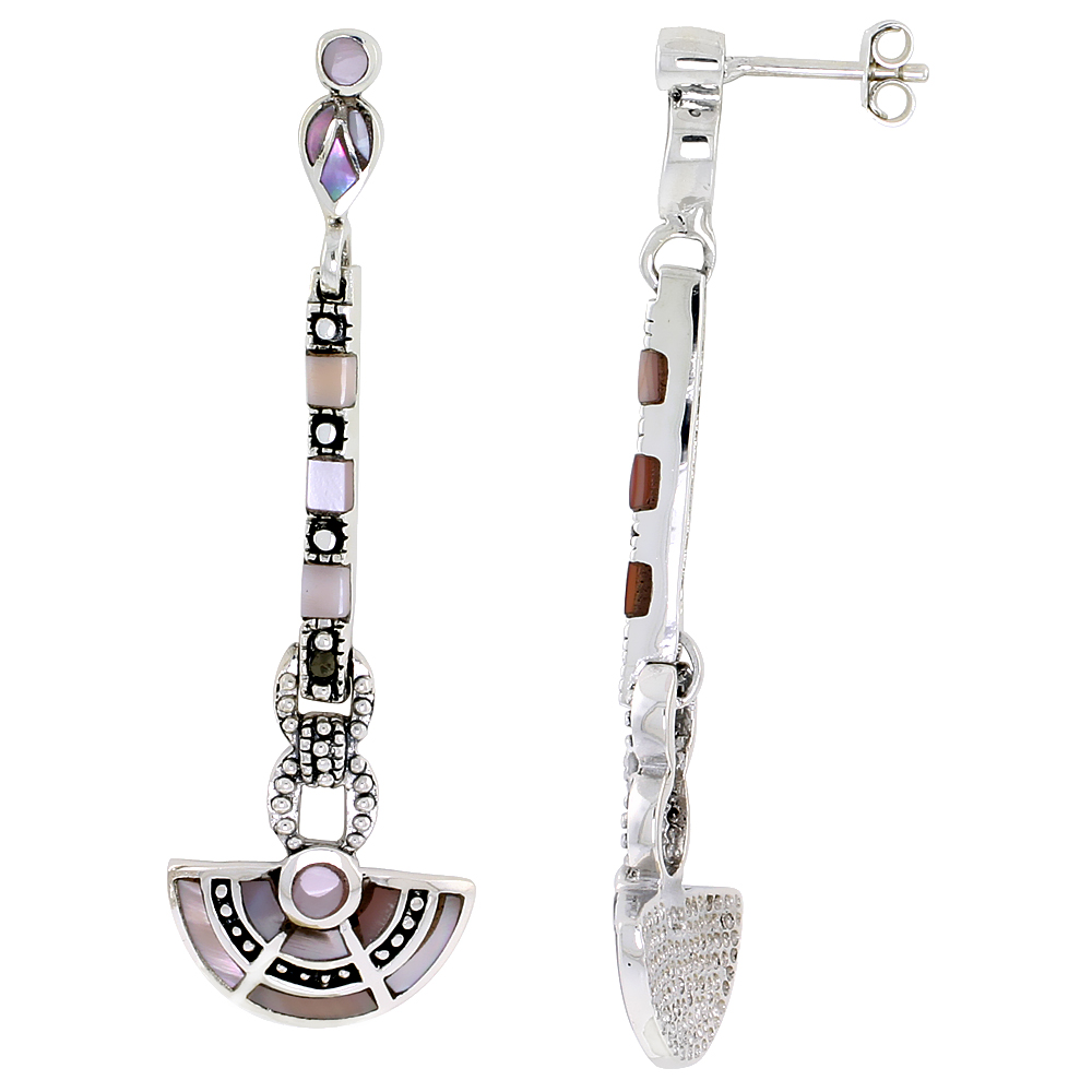 Marcasite Fan-shaped Earrings in Sterling Silver, w/ Mother of Pearl, 2 3/16" (56 mm) tall