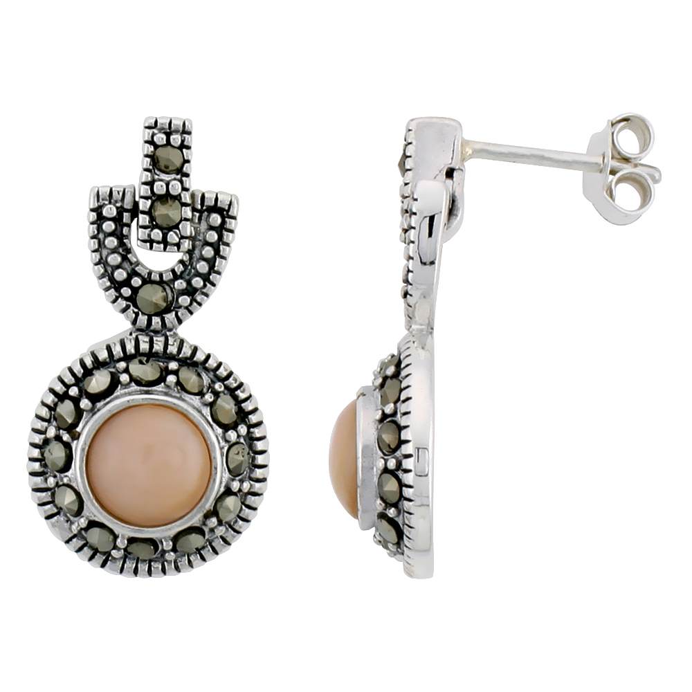 Marcasite Earrings in Sterling Silver, w/ Pink Mother of Pearl, 13/16" (21 mm) tall