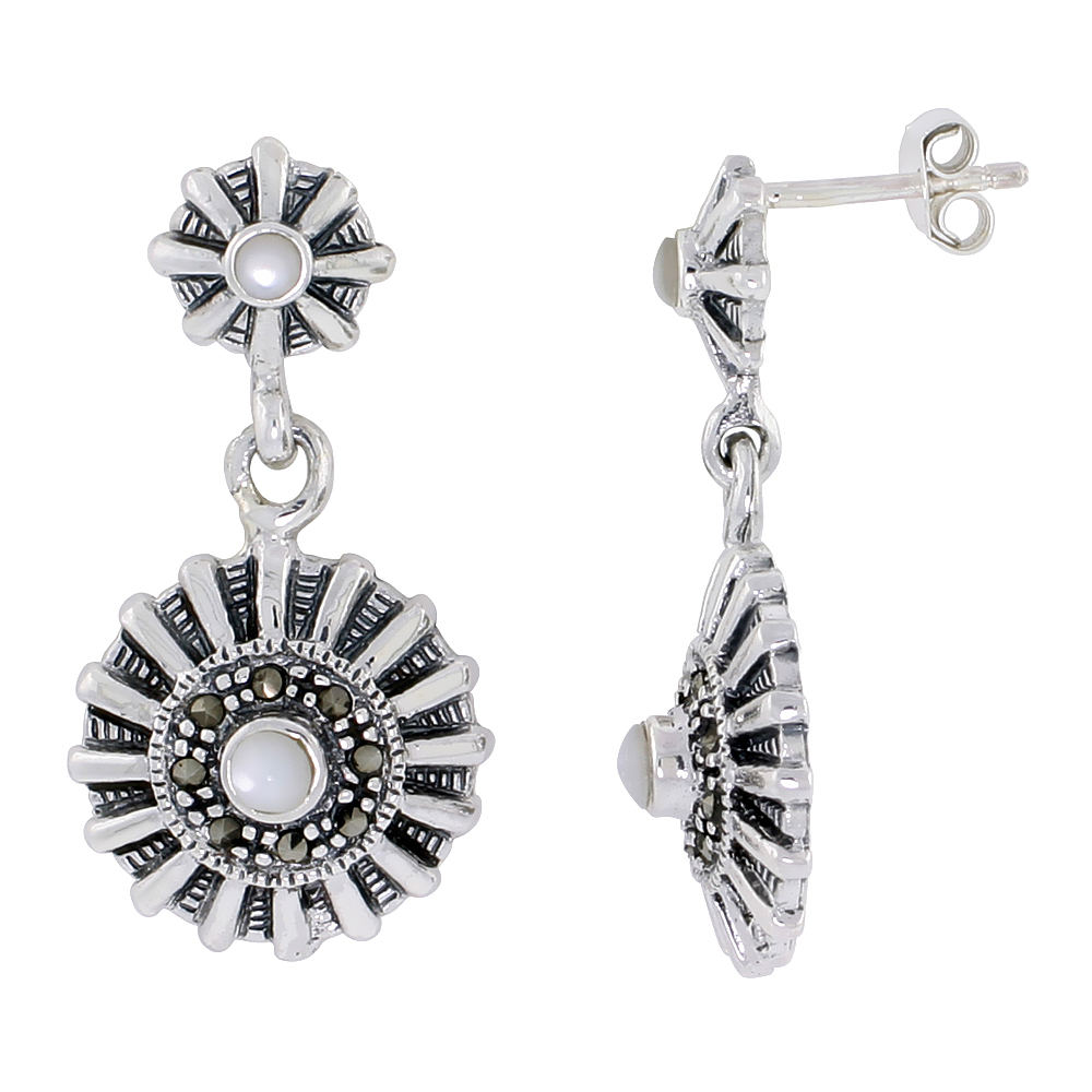 Marcasite Earrings in Sterling Silver, w/ Mother of Pearl, 1 1/4" (32 mm) tall