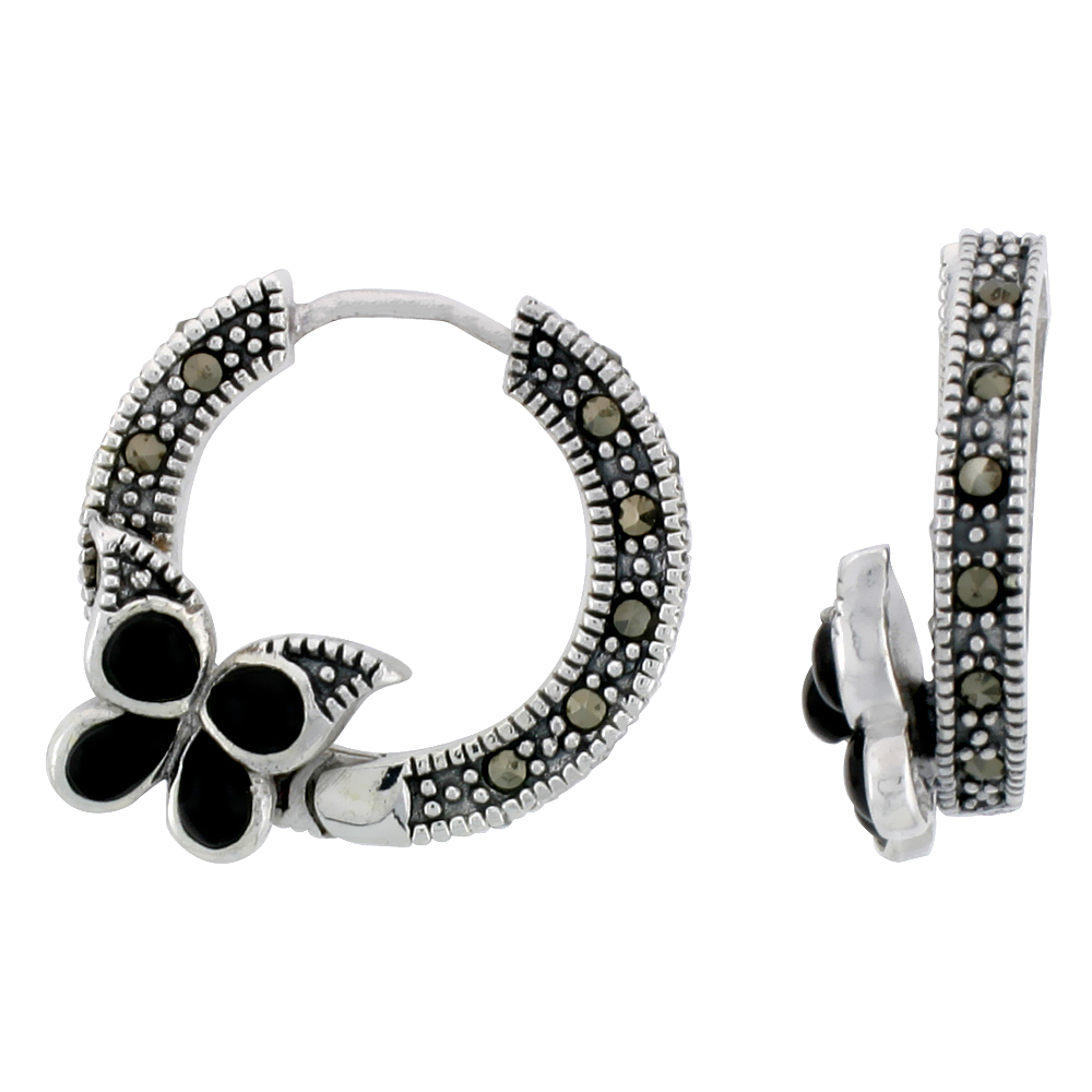 Marcasite Butterfly Hoop Earrings in Sterling Silver, w/ Black Onyx, 13/16" (21 mm) tall