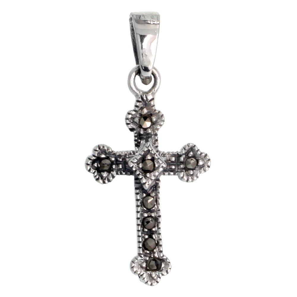 Sterling Silver Marcasite Budded Cross Pendant, 7/8" (22 mm) tall