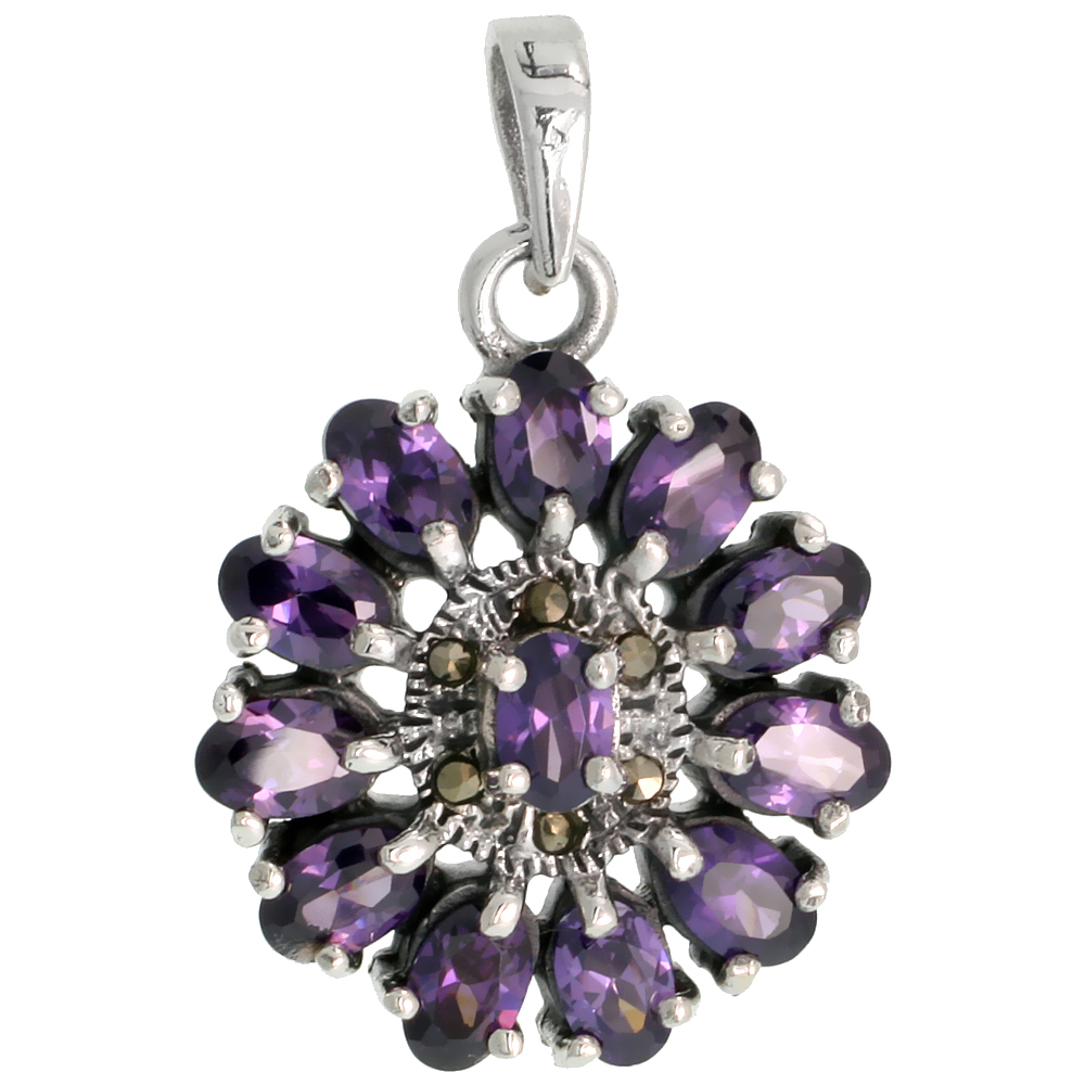 Sterling Silver Marcasite Flower Pendant, w/ Oval Cut 6x4 mm Amethyst CZ Stones, 1" (26 mm) tall