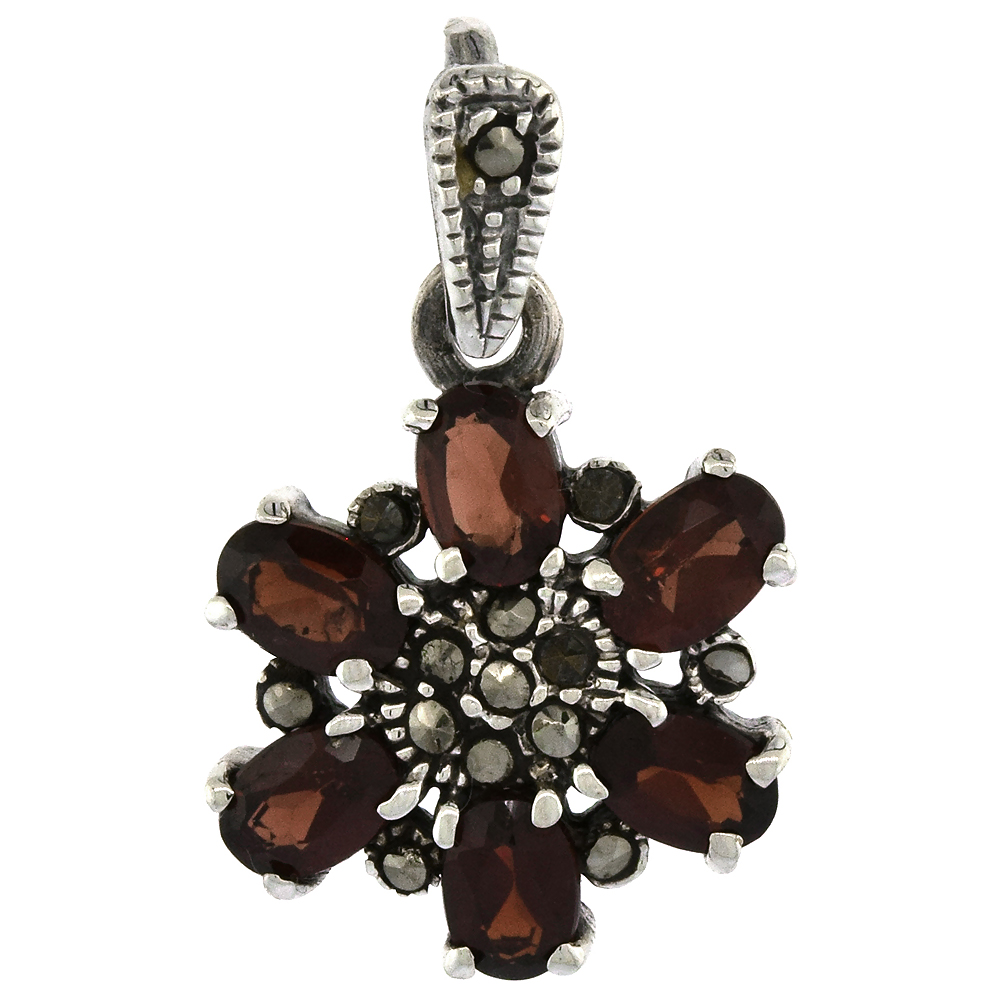 Sterling Silver Marcasite Flower Pendant Cubic Zirconia 6x4 mm Red, 1 1/8 inch long