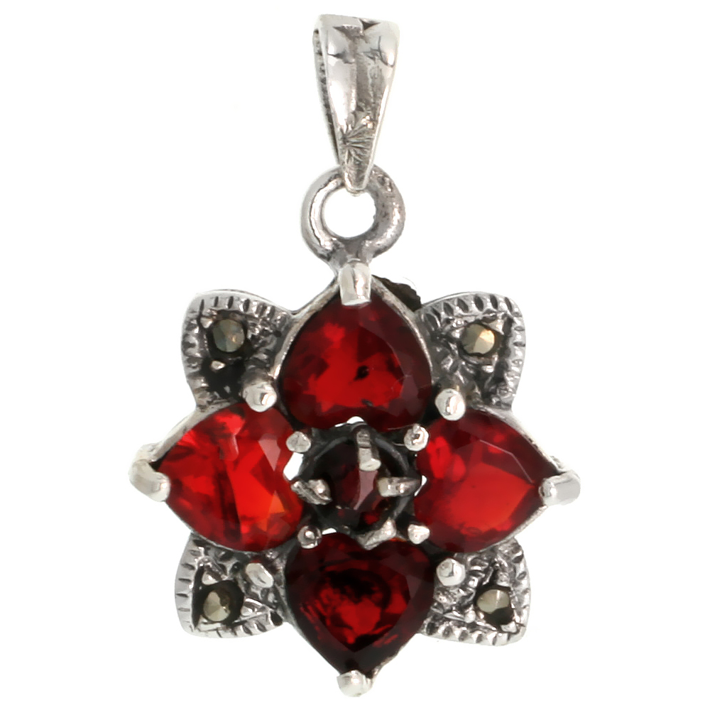 Sterling Silver Marcasite Flower Pendant, w/ Garnet CZ Stones, 13/16" (21 mm) tall