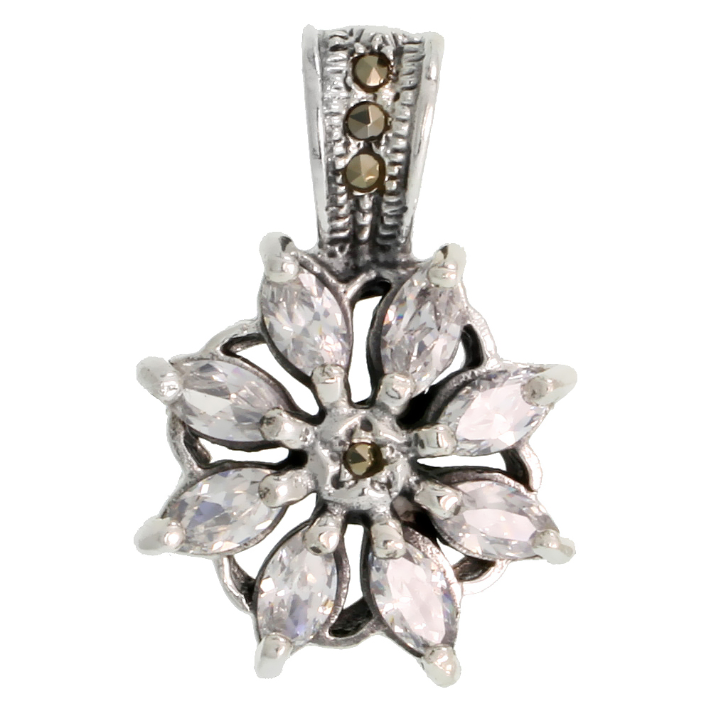 Sterling Silver Marcasite Flower Pendant, w/ Marquise Cut 6x3 mm CZ Stones, 1 1/16" (27 mm) tall