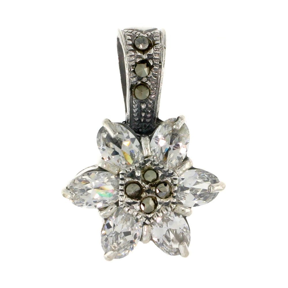 Sterling Silver Marcasite Flower Pendant, w/ Oval Cut 6x4 mm CZ Stones, 15/16" (24 mm) tall