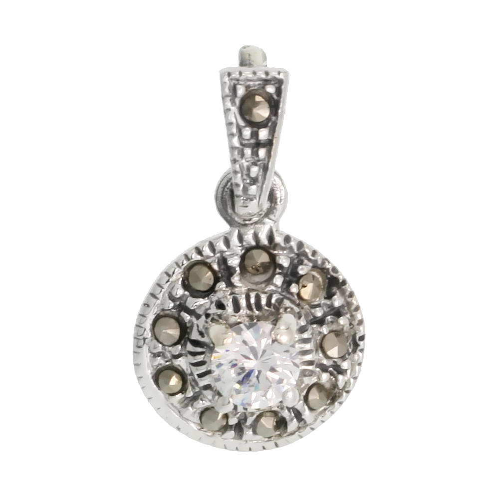 Sterling Silver Marcasite Flower Pendant, w/ Brilliant Cut 4 mm CZ Stone, 7/8" (22 mm) tall