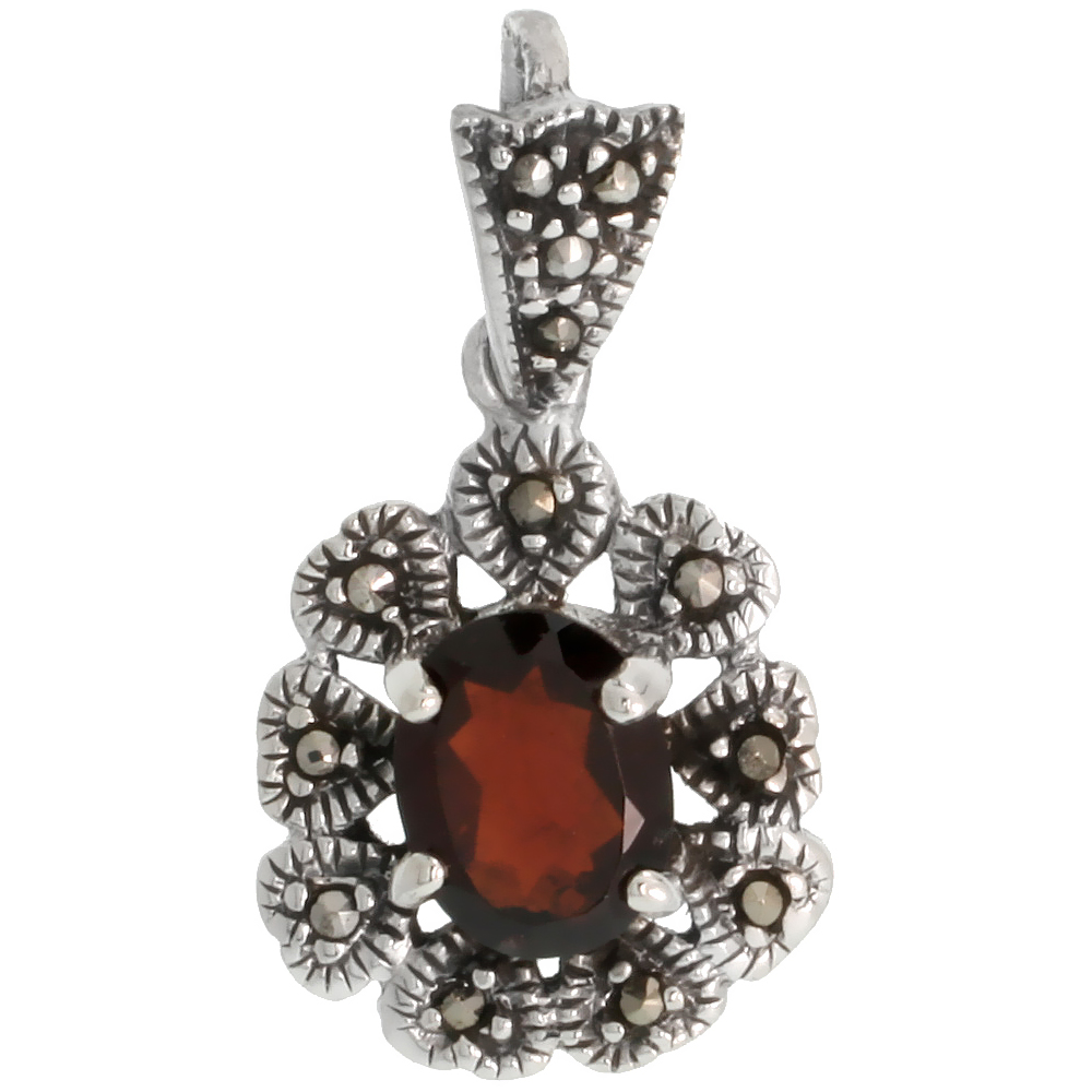 Sterling Silver Marcasite Cluster Pendant, w/ Oval Cut 7x5 mm Garnet Color CZ Stone, 1" (26 mm) tall