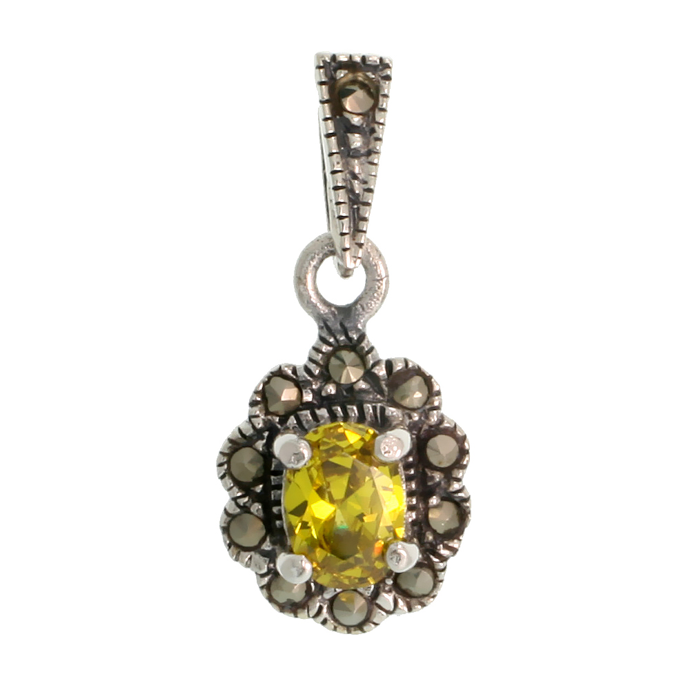 Sterling Silver Marcasite Cluster Pendant, w/ Oval Cut 7x5 mm Citrine Color CZ Stone, 7/8" (22 mm) tall