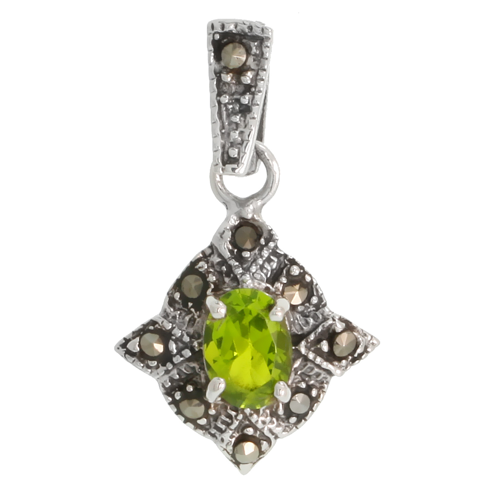 Sterling Silver Marcasite Diamond Shape Pendant, w/ Oval Cut 7x5 mm Peridot Color CZ Stone, 3/4" (18 mm) tall