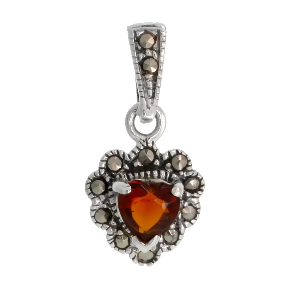 Sterling Silver Marcasite Heart Pendant, w/ Garnet Color CZ Stone, 7/8" (22 mm) tall