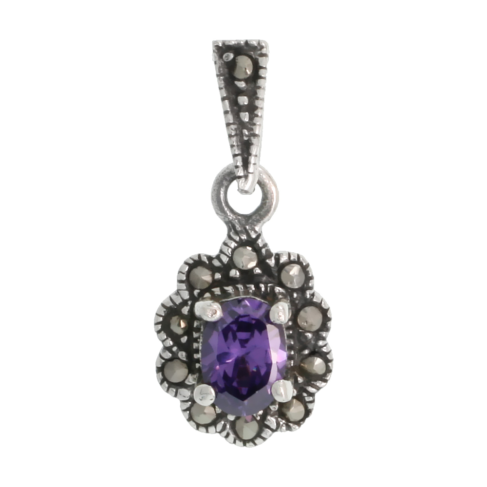 Sterling Silver Marcasite Cluster Pendant, w/ Oval Cut 6x4 mm Amethyst Color CZ Stone, 7/8" (22 mm) tall
