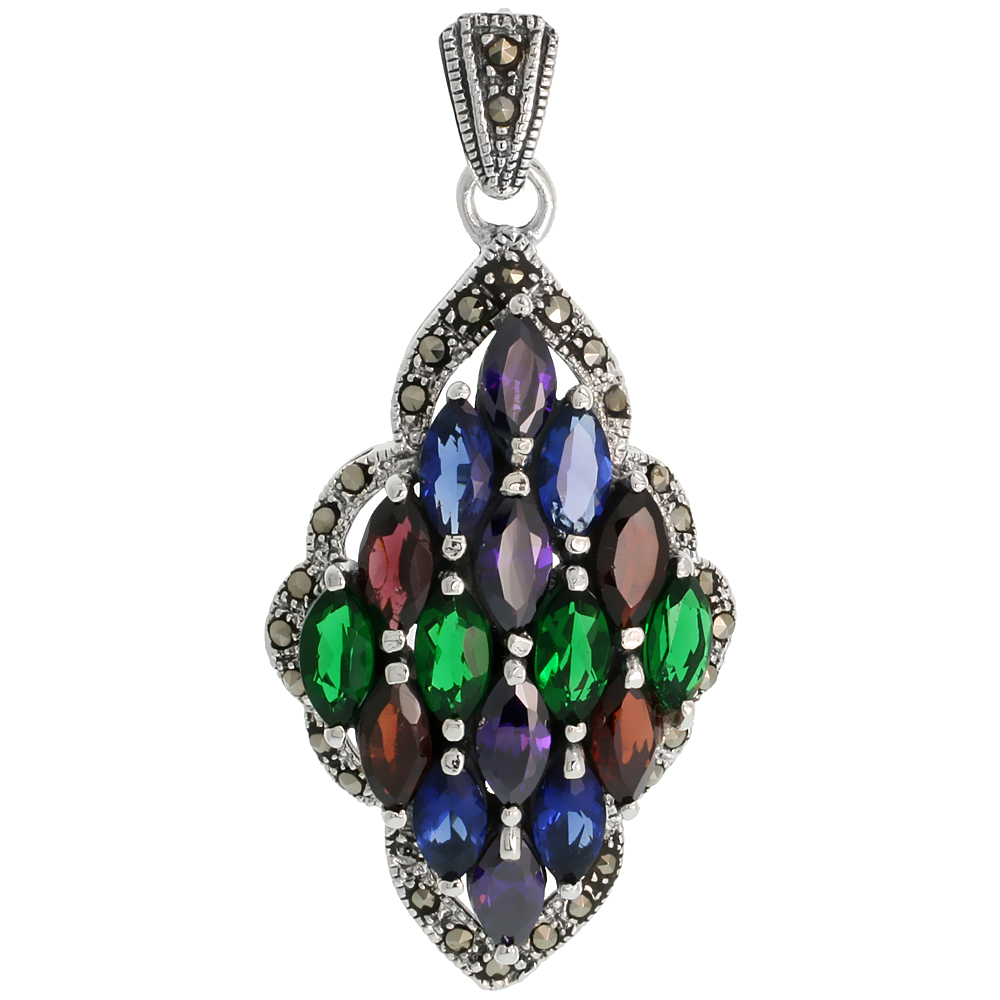 Sterling Silver Marcasite Diamond Shape Pendant, w/ Marquise Cut 8x4 mm Multi CZ Stones, 1 7/8" (48 mm) tall