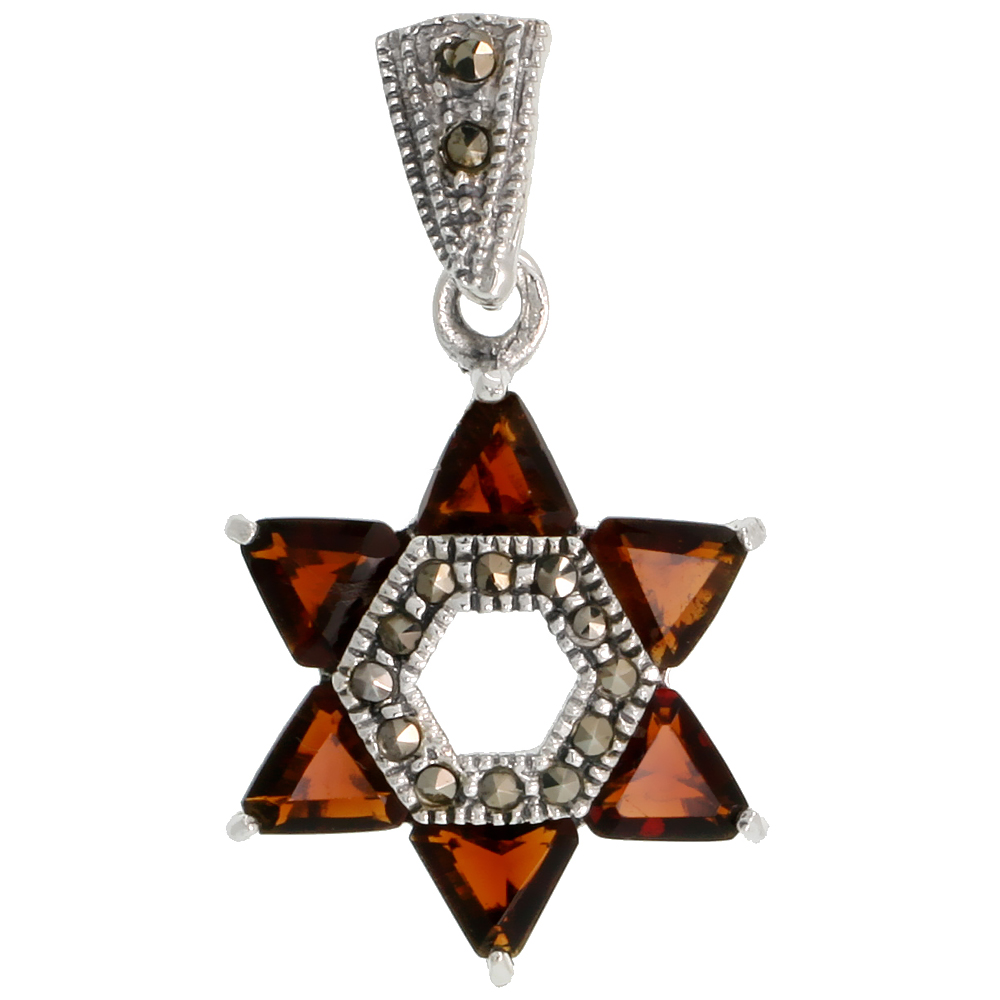 Sterling Silver Marcasite Star of David Pendant, w/ Brilliant Cut 4 mm Garnet Stones, 15/16" (24 mm) tall