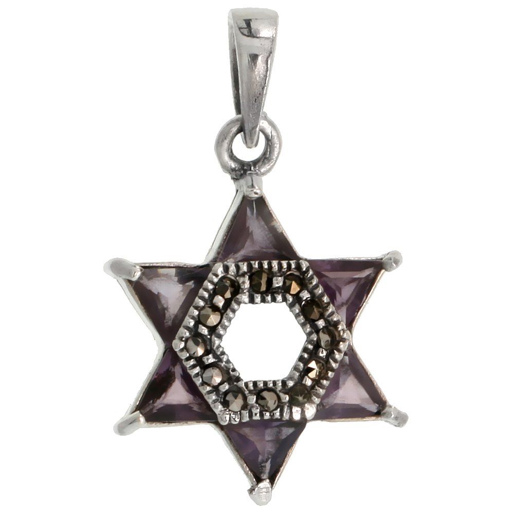 Sterling Silver Marcasite Star of David Pendant, w/ Brilliant Cut 4 mm Amethyst CZ Stones, 15/16" (24 mm) tall