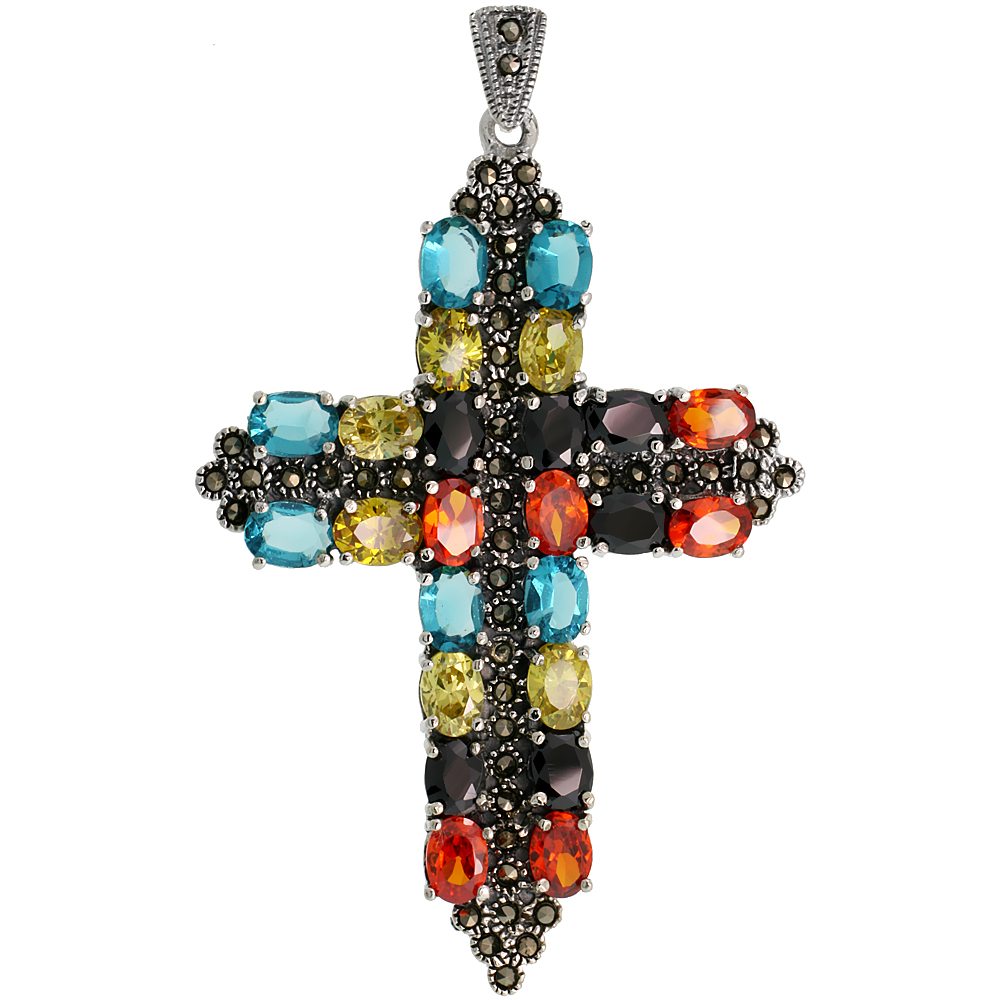 Sterling Silver Marcasite Sword Cross Pendant, w/ Oval Cut 7x5 mm Multi CZ Stones, 2 3/4" (70 mm) tall