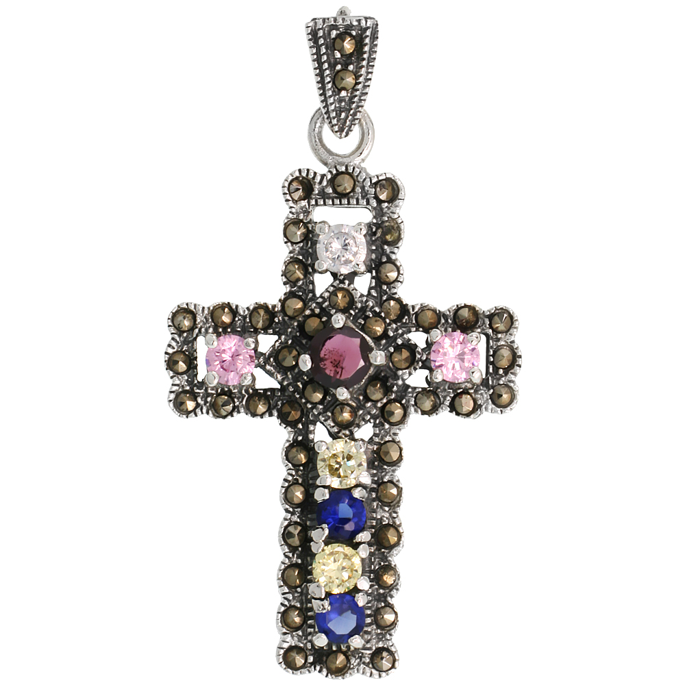 Sterling Silver Marcasite Fancy Cross Pendant, w/ Brilliant Cut Multi CZ Stones, 1 13/16" (46 mm) tall