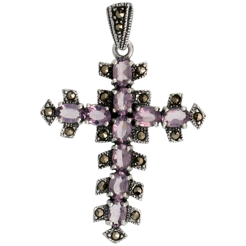 Sterling Silver Marcasite Thorn Cross Pendant, w/ Oval Cut 6x4 mm Amethyst CZ Stones, 1 3/4" (44 mm) tall
