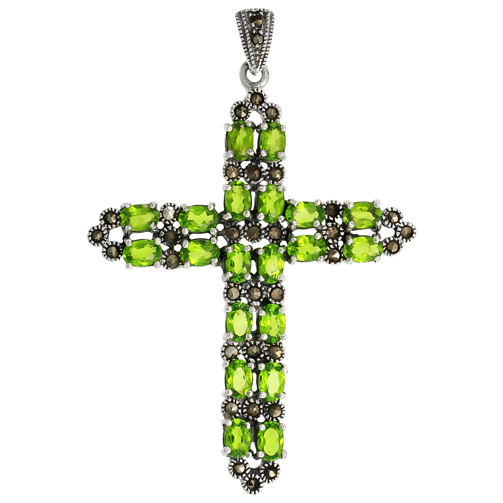 Sterling Silver Marcasite Sword Cross Pendant, w/ Oval Cut 6x4 mm Peridot CZ Stones, 2 9/16" (65 mm) tall