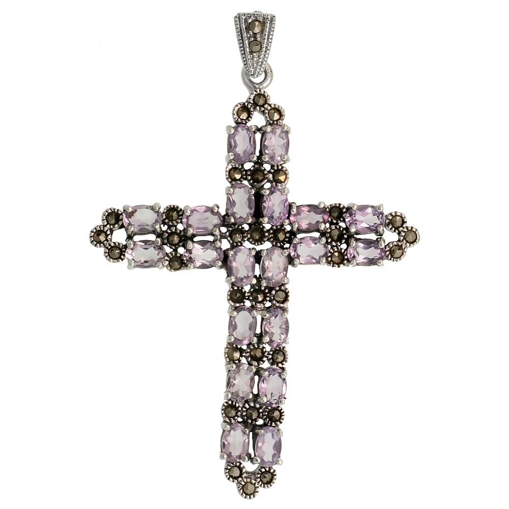 Sterling Silver Marcasite Sword Cross Pendant, w/ Oval Cut 6x4 mm Amethyst CZ Stones, 2 9/16" (65 mm) tall