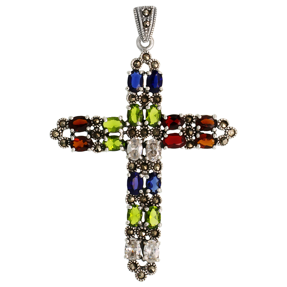 Sterling Silver Marcasite Sword Cross Pendant, w/ Oval Cut 6x4 mm Multi CZ Stones, 2 9/16" (65 mm) tall