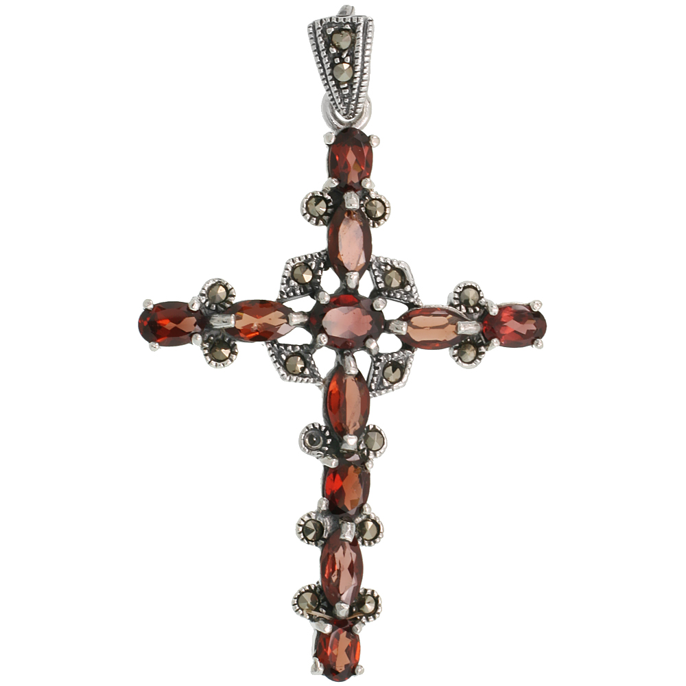 Sterling Silver Marcasite Cross Fleury Pendant, w/ Oval & Marquise Cut Garnet Stones, 2 1/8" (54 mm) tall