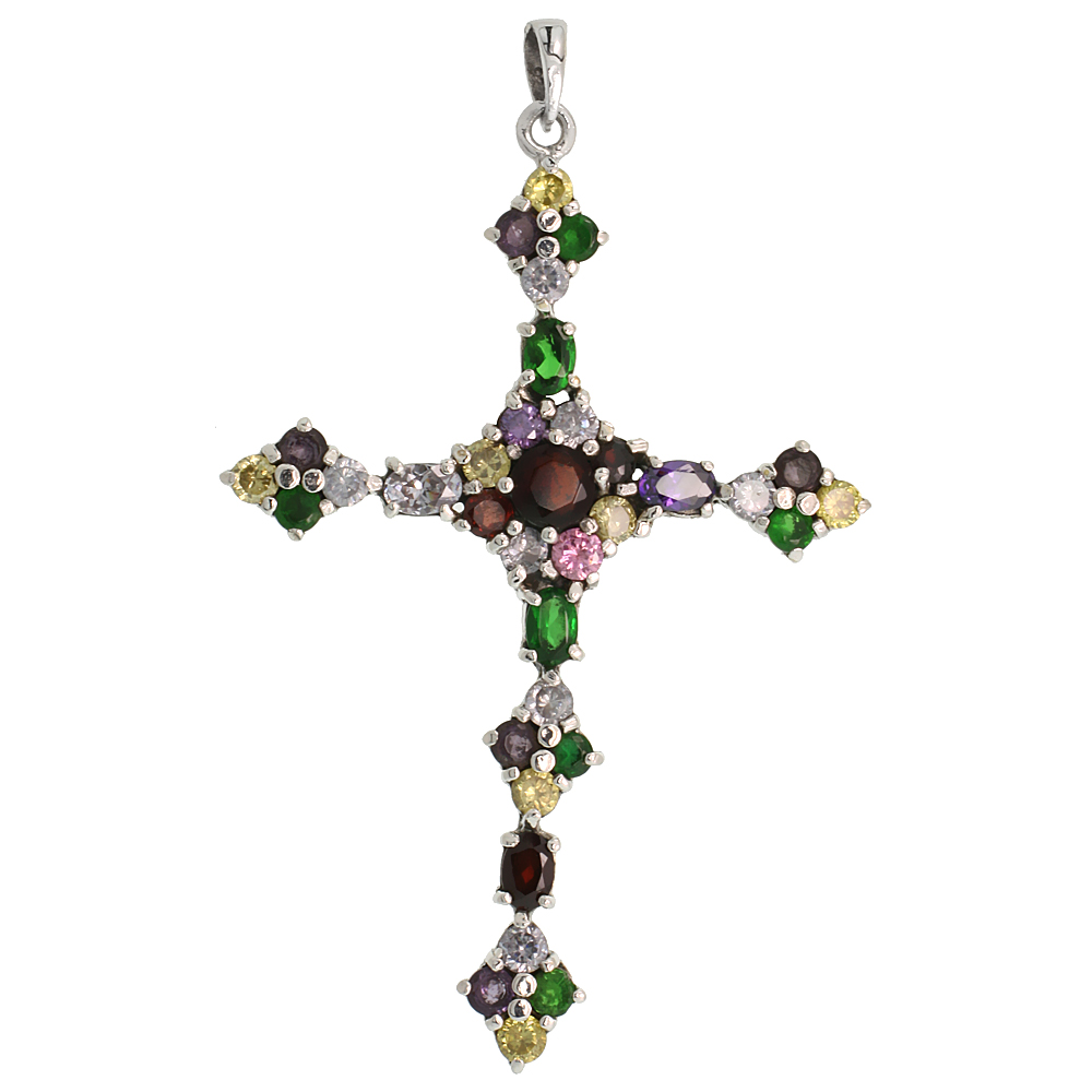 Sterling Silver Marcasite New Coptic Cross Pendant, w/ Oval & Brilliant Cut Multi CZ Stones, 2 7/8" (73 mm) tall