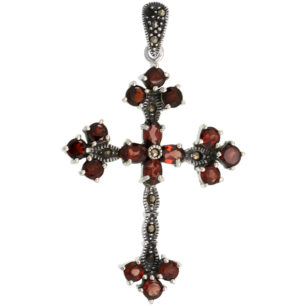 Sterling Silver Marcasite Floral Cross Pendant, w/ Oval & Brilliant Cut Garnet Stones, 2 3/8" (60 mm) tall