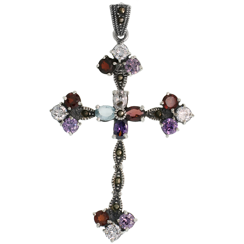 Sterling Silver Marcasite Floral Cross Pendant, w/ Oval & Brilliant Cut Multi CZ Stones, 2 3/8" (60 mm) tall