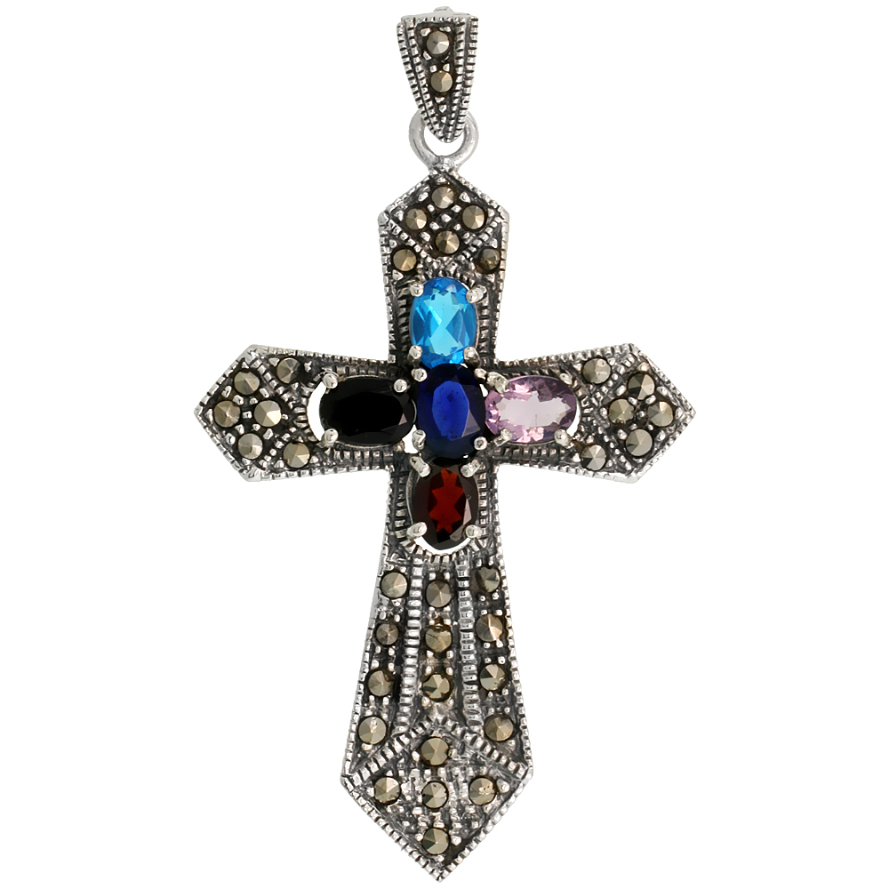 Sterling Silver Marcasite Sword Cross Pendant, w/ Oval Cut 7x5 mm Multi CZ Stones, 2 3/16" (56 mm) tall