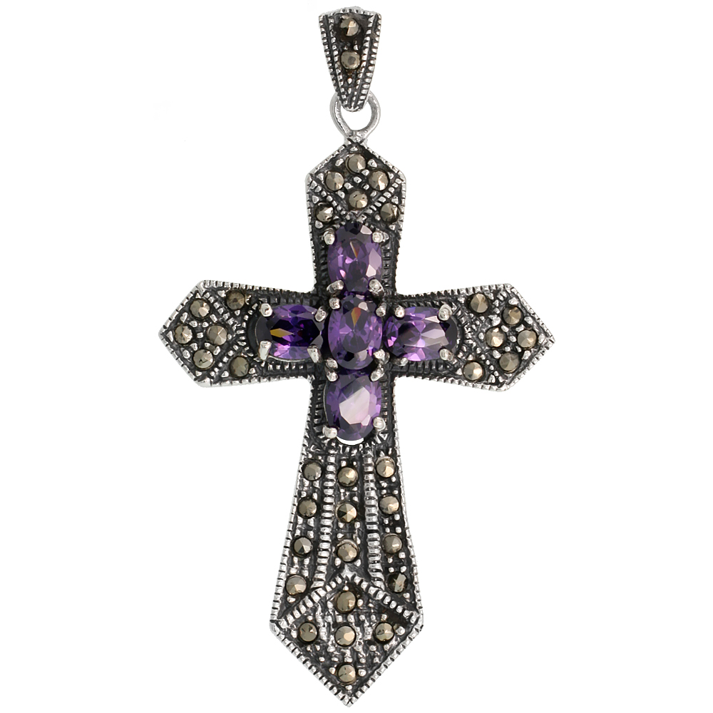 Sterling Silver Marcasite Sword Cross Pendant, w/ Oval Cut 7x5 mm Amethyst CZ Stones, 2 3/16" (56 mm) tall