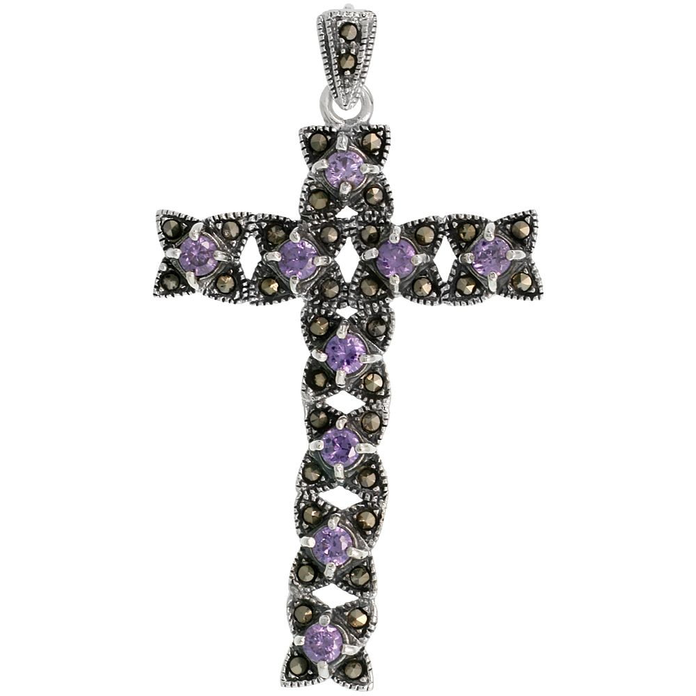 Sterling Silver Marcasite Crisscross Cross Pendant, w/ Brilliant Cut 4 mm Amethyst CZ Stones, 2 3/8" (61 mm) tall