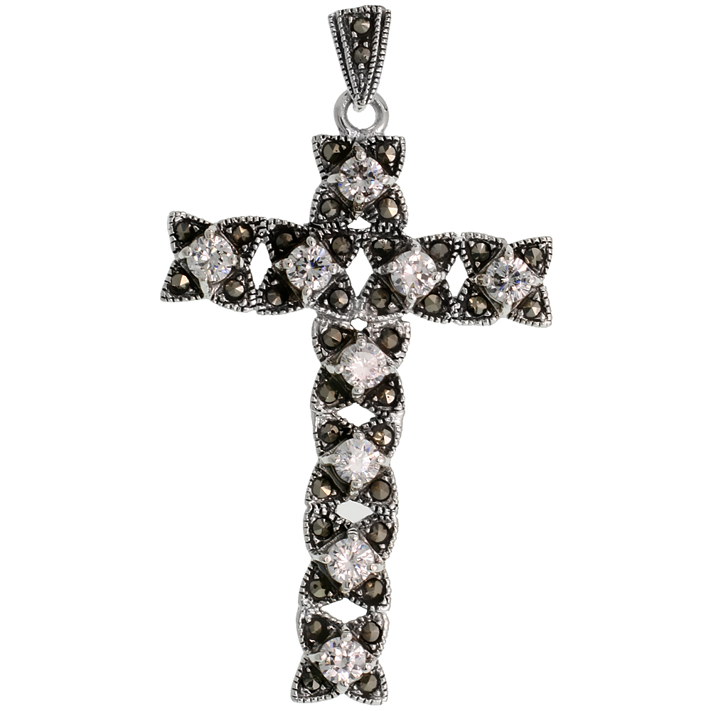 Sterling Silver Marcasite Crisscross Cross Pendant, w/ Brilliant Cut 4 mm CZ Stones, 2 3/8" (61 mm) tall