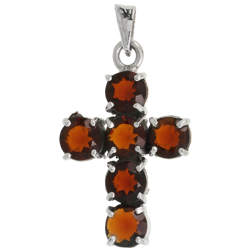 Sterling Silver Marcasite Cross Pendant, w/ Brilliant Cut 7mm Garnet Stones, 1 3/8" (35 mm) tall