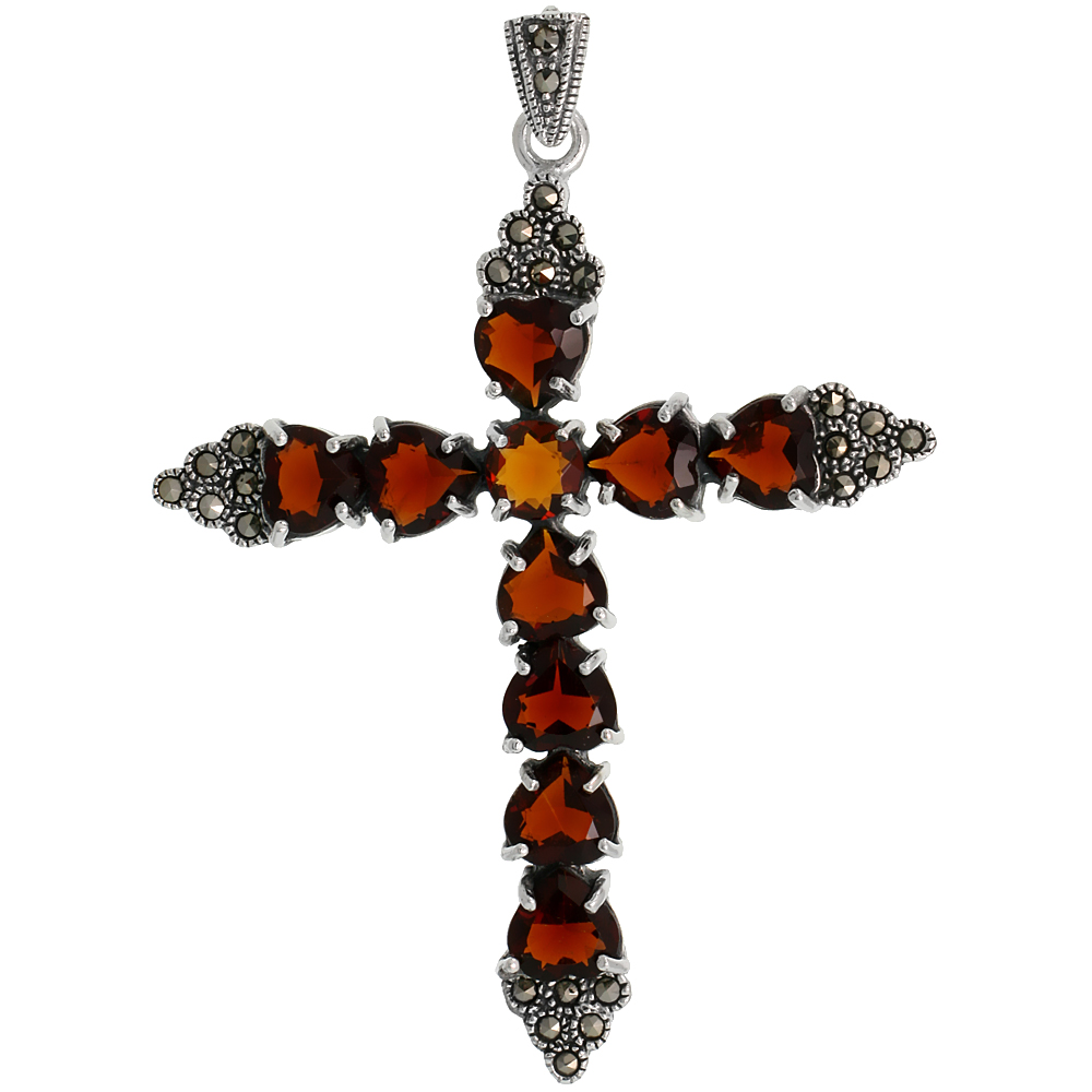Sterling Silver Marcasite Cross Fleury Pendant, w/ Brilliant Cut & Heart Shape Garnet Stones, 2 3/4" (70 mm) tall