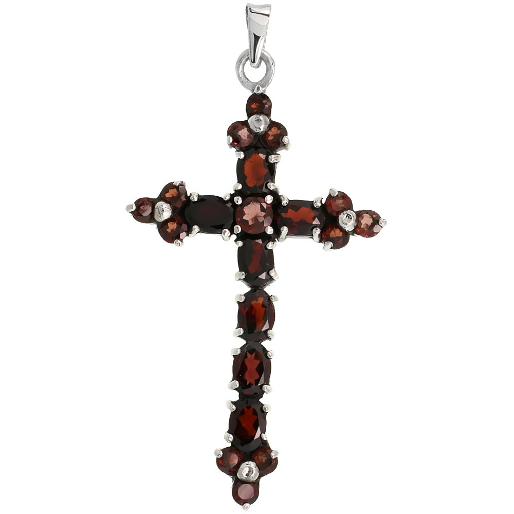 Sterling Silver Marcasite Cross Fleury Pendant, w/ Brilliant & Oval Cut Garnet Stones, 2 3/8" (60 mm) tall