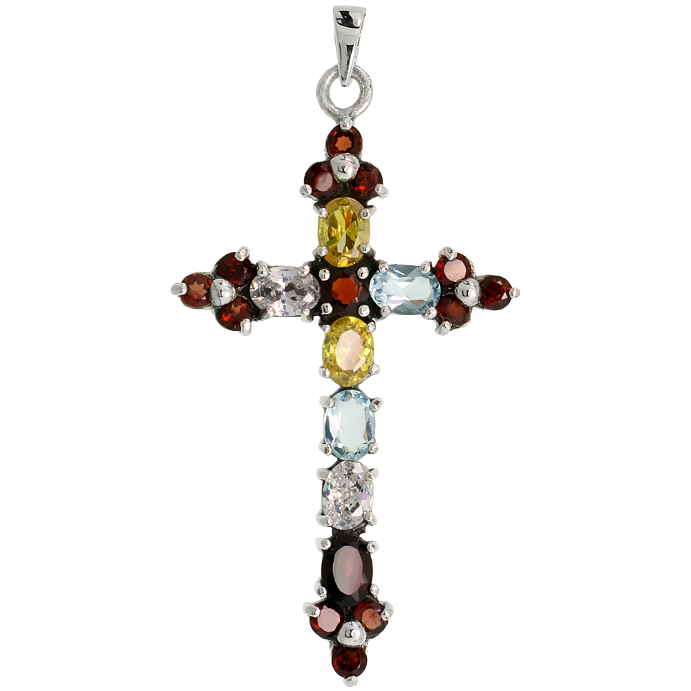 Sterling Silver Marcasite Cross Fleury Pendant, w/ Brilliant & Oval Cut Multi CZ Stones, 2 3/8" (60 mm) tall
